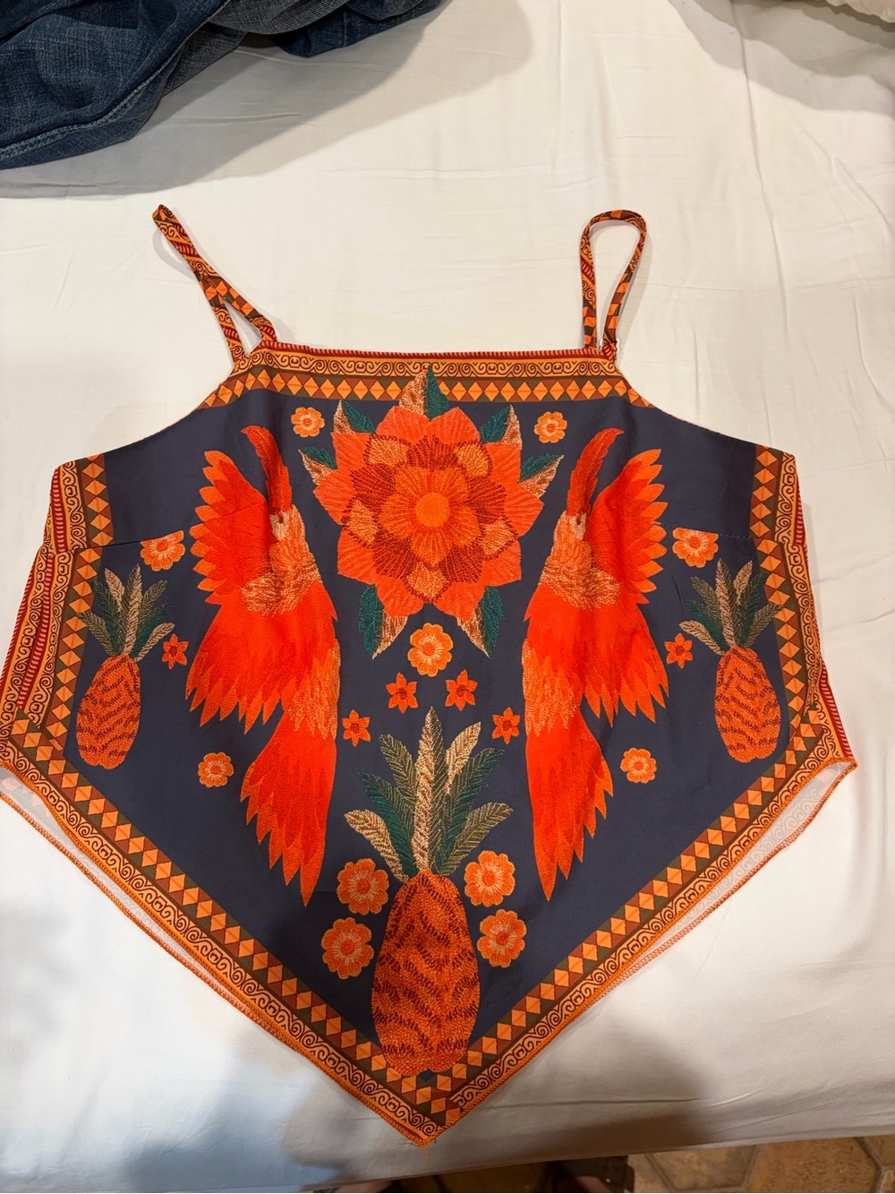 SHEIN Navy Cami Top with Bright Orange Parrot & Pineapple Print